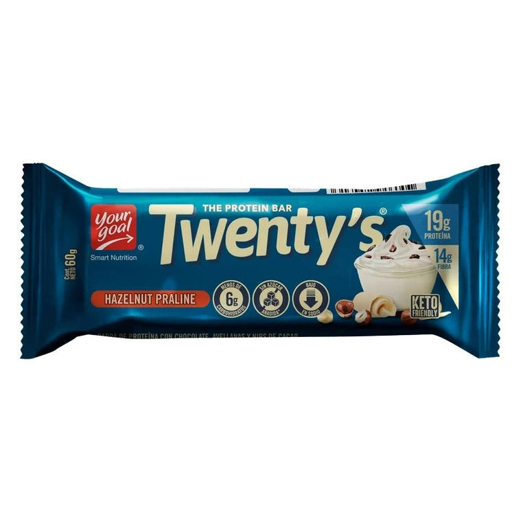 Barra Twenty's 19g proteína, 60g, hazelnut praline.