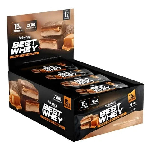 Barra Best Whey Zero Athletica, 62g, crocante de caramelo.