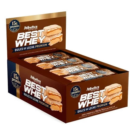 Barra Best Whey Zero Athletica, 62g, dulce de leche premium.