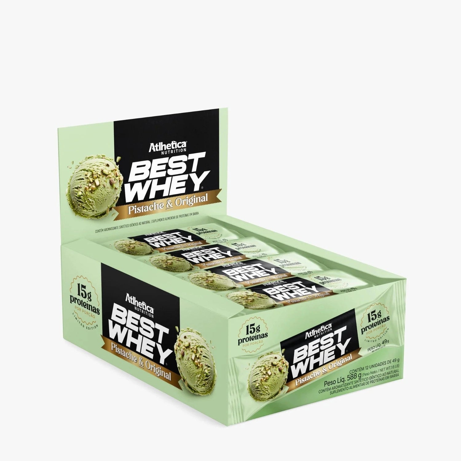 Barra Best Whey Zero Athletica, 62g, pistacho & original.