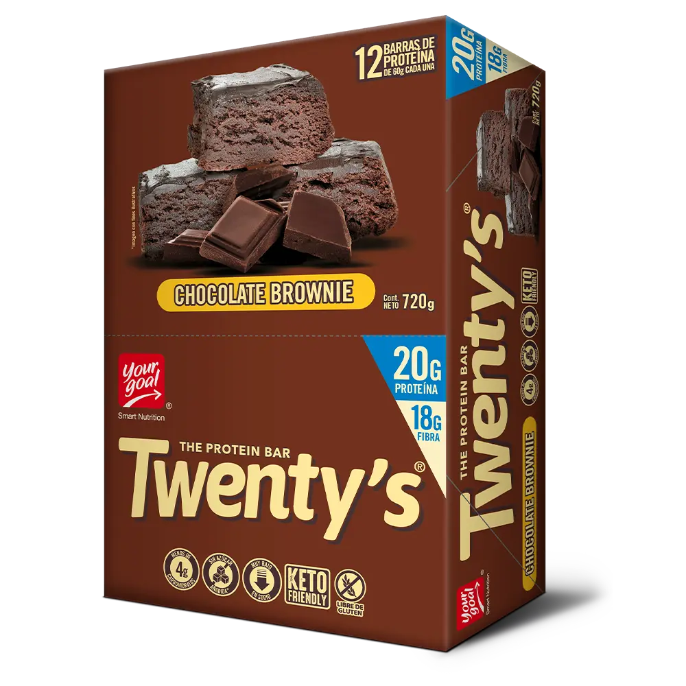 Barra Twenty's 20g proteína, 60g, chocolate brownie.