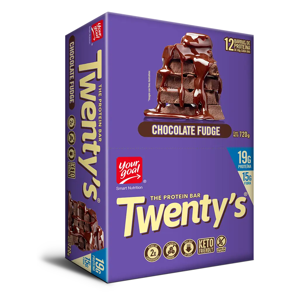 Barra Twenty's 19g proteína, 60g, chocolate fudge.