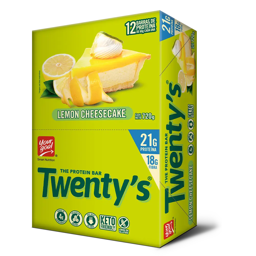 Barra Twenty's 21g proteína, 60g, lemon cheesecake.