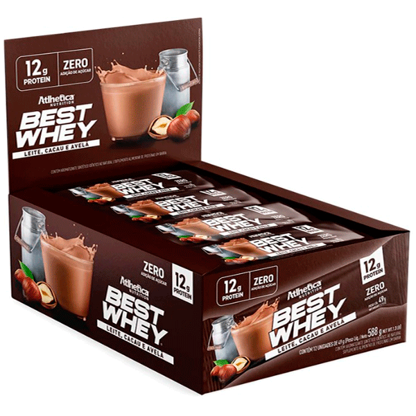 Barra Best Whey Zero Athletica, 49g, cacao y avellana.