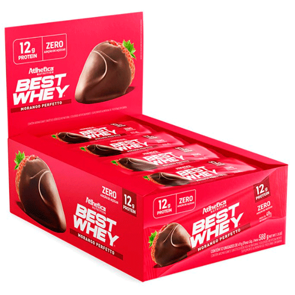 Barra Best Whey Zero Athletica, 49g, frutilla perfecta.